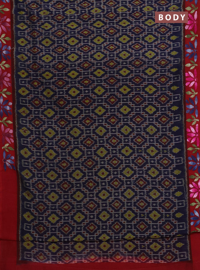 Ikat cotton saree navy blue and red with allover ikat weaves and kantha stitch work pallu