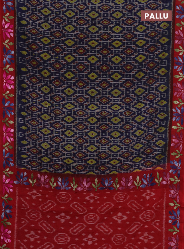 Ikat cotton saree navy blue and red with allover ikat weaves and kantha stitch work pallu