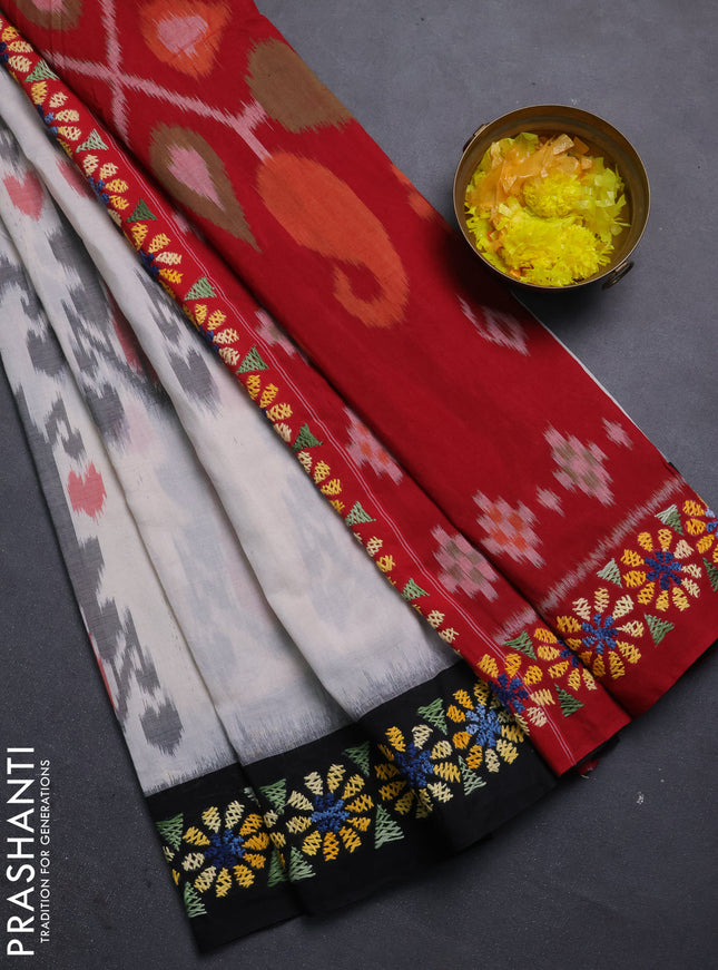 Ikat cotton saree off white with allover ikat weaves and ganga jamuna border