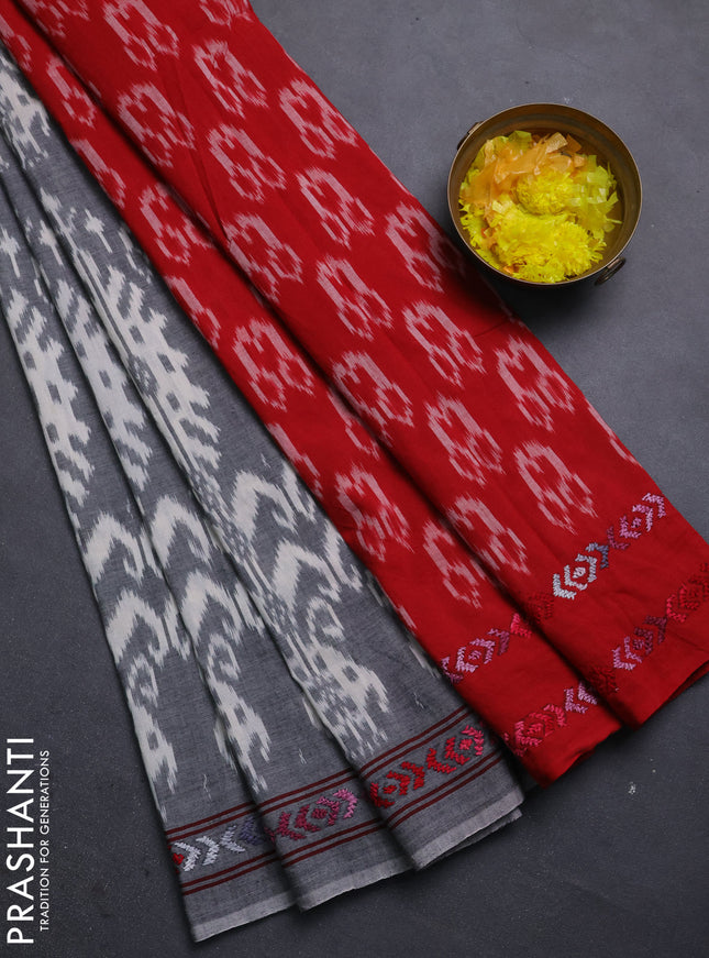 Ikat cotton saree grey and red with allover ikat weaves and kantha stitch work pallu