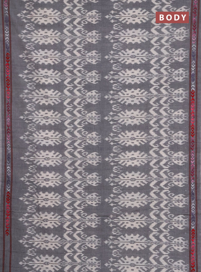 Ikat cotton saree grey and red with allover ikat weaves and kantha stitch work pallu