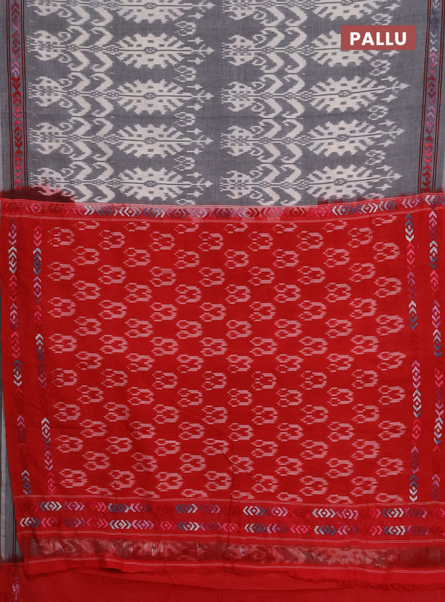 Ikat cotton saree grey and red with allover ikat weaves and kantha stitch work pallu