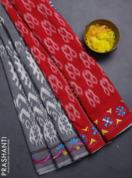 Ikat cotton saree grey and red with allover ikat weaves and kantha stitch work pallu