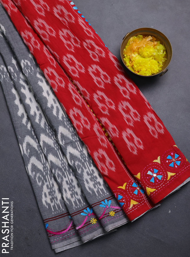 Ikat cotton saree grey and red with allover ikat weaves and kantha stitch work pallu