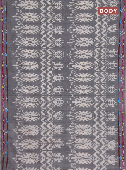 Ikat cotton saree grey and red with allover ikat weaves and kantha stitch work pallu