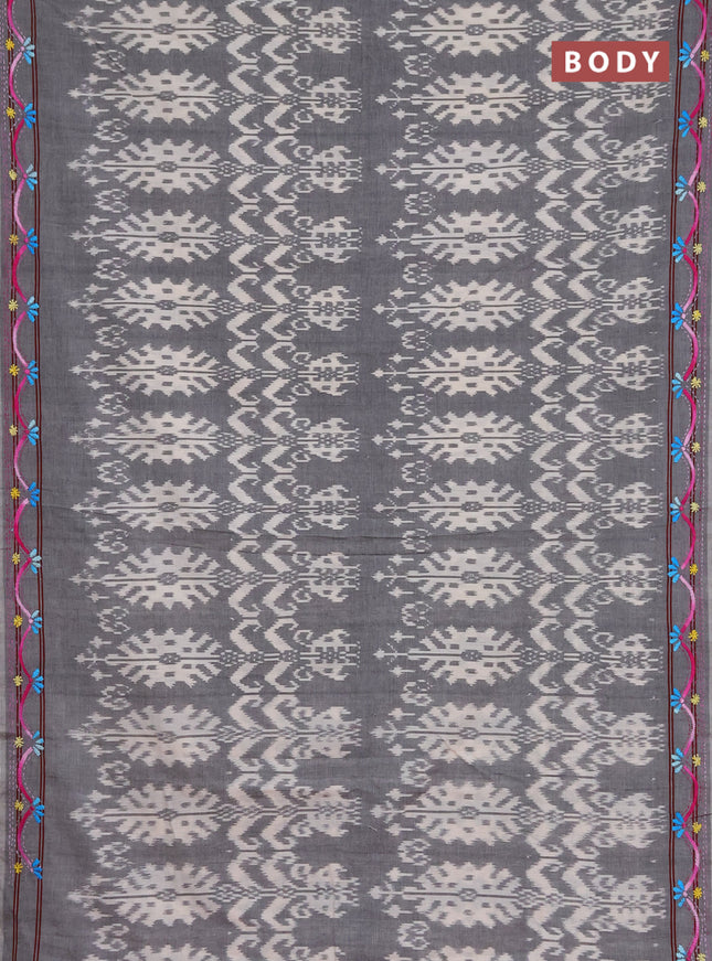 Ikat cotton saree grey and red with allover ikat weaves and kantha stitch work pallu