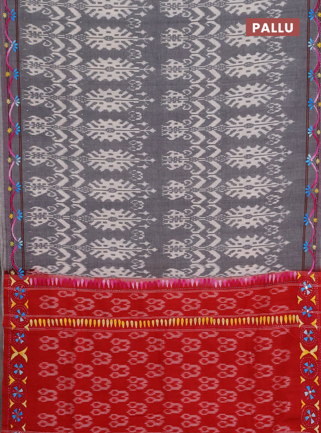 Ikat cotton saree grey and red with allover ikat weaves and kantha stitch work pallu