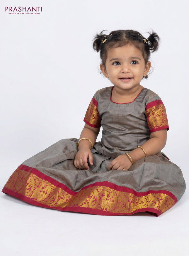 Pure silk unstitched kids lehenga grey and pink with plain body and zari woven border