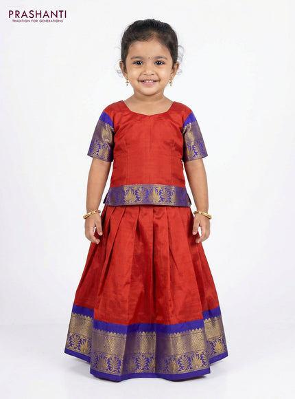 Pure silk unstitched kids lehenga rustic orange and blue with plain body and zari woven border