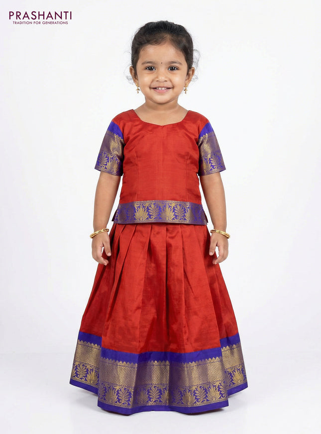Pure silk unstitched kids lehenga rustic orange and blue with plain body and zari woven border