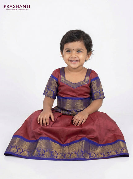 Pure silk unstitched kids lehenga pastel maroon and blue with plain body and zari woven border