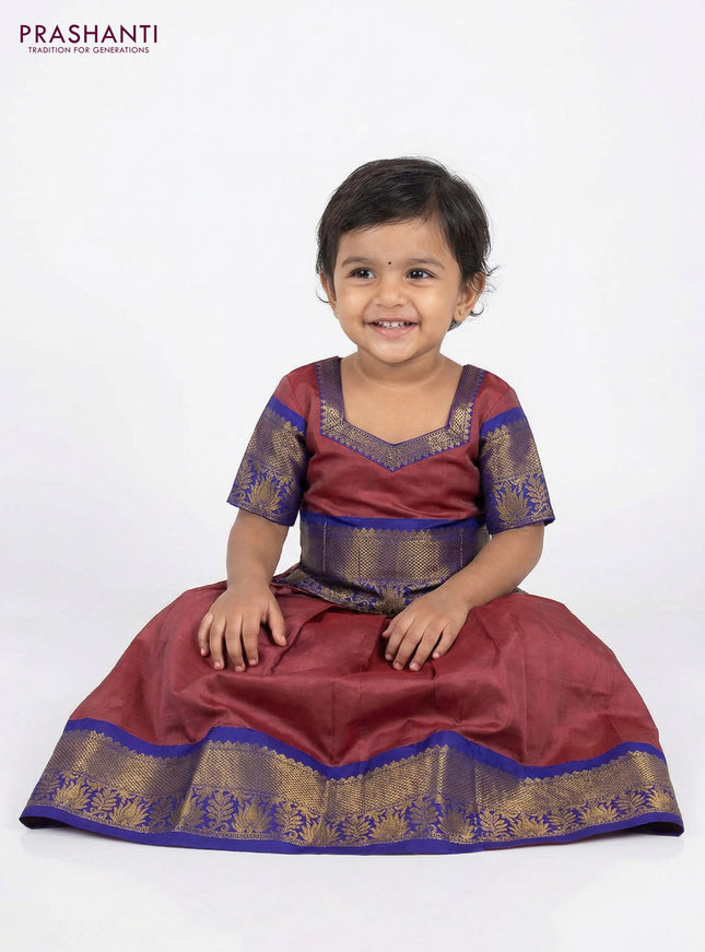 Pure silk unstitched kids lehenga pastel maroon and blue with plain body and zari woven border