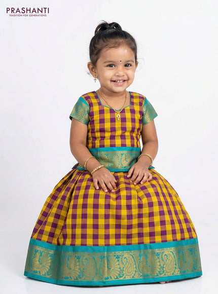 Pure silk unstitched kids lehenga yellow purple and teal blue with allover paalum pazhamum checks and zari woven border