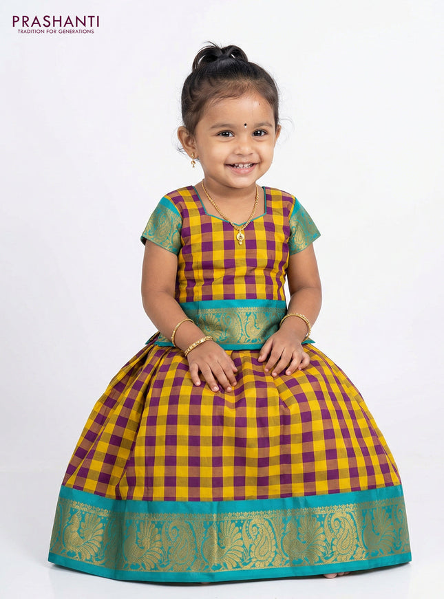 Pure silk unstitched kids lehenga yellow purple and teal blue with allover paalum pazhamum checks and zari woven border