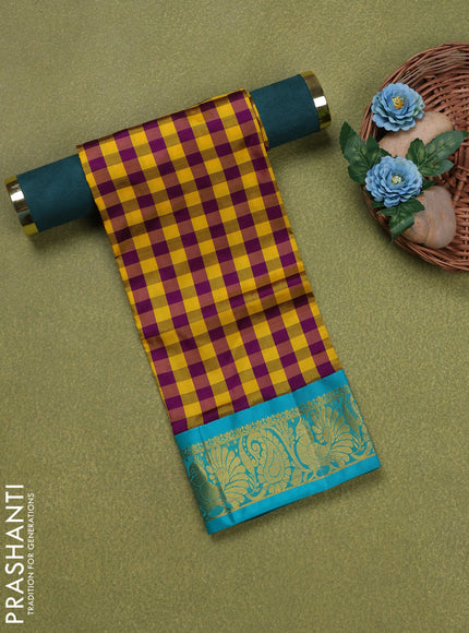 Pure silk unstitched kids lehenga yellow purple and teal blue with allover paalum pazhamum checks and zari woven border