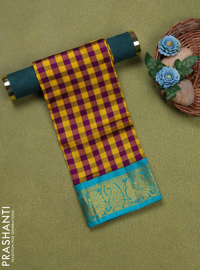 Pure silk unstitched kids lehenga yellow purple and teal blue with allover paalum pazhamum checks and zari woven border