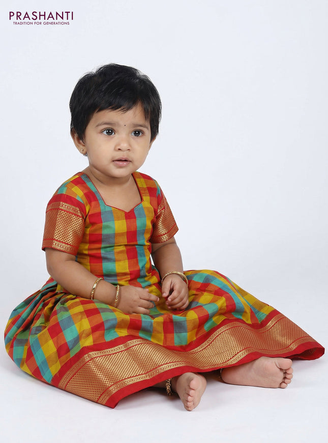 Pure silk unstitched kids lehenga multi colour and red with allover paalum pazhamum checks and zari woven border