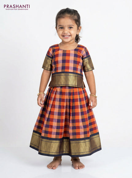 Pure silk unstitched kids lehenga multi colour and dual shade of bottle green with allover paalum pazhamum checks and zari woven border