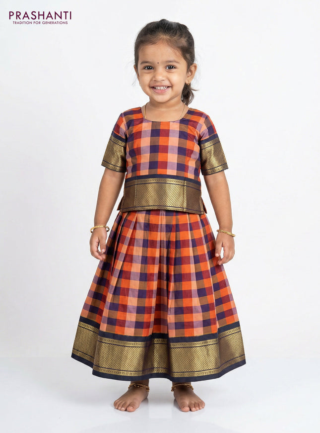 Pure silk unstitched kids lehenga multi colour and dual shade of bottle green with allover paalum pazhamum checks and zari woven border