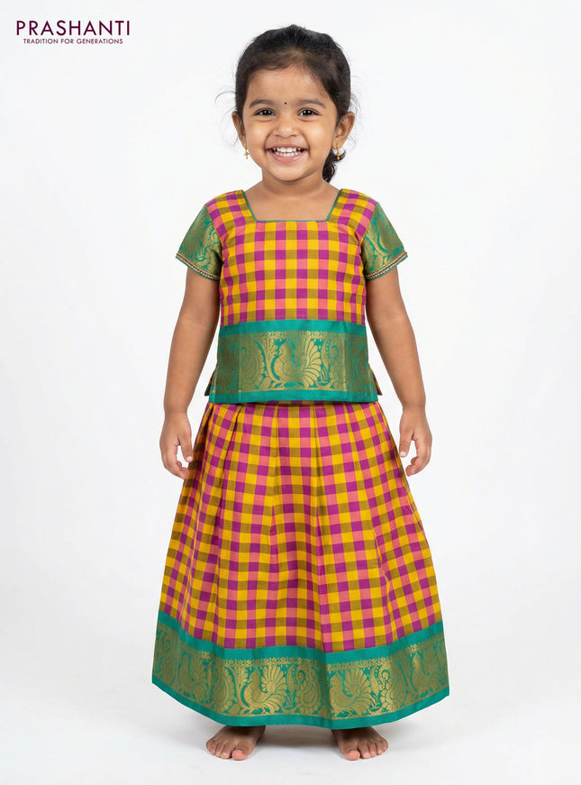 Pure silk unstitched kids lehenga multi colour and teal green with allover paalum pazhamum checks and zari woven border