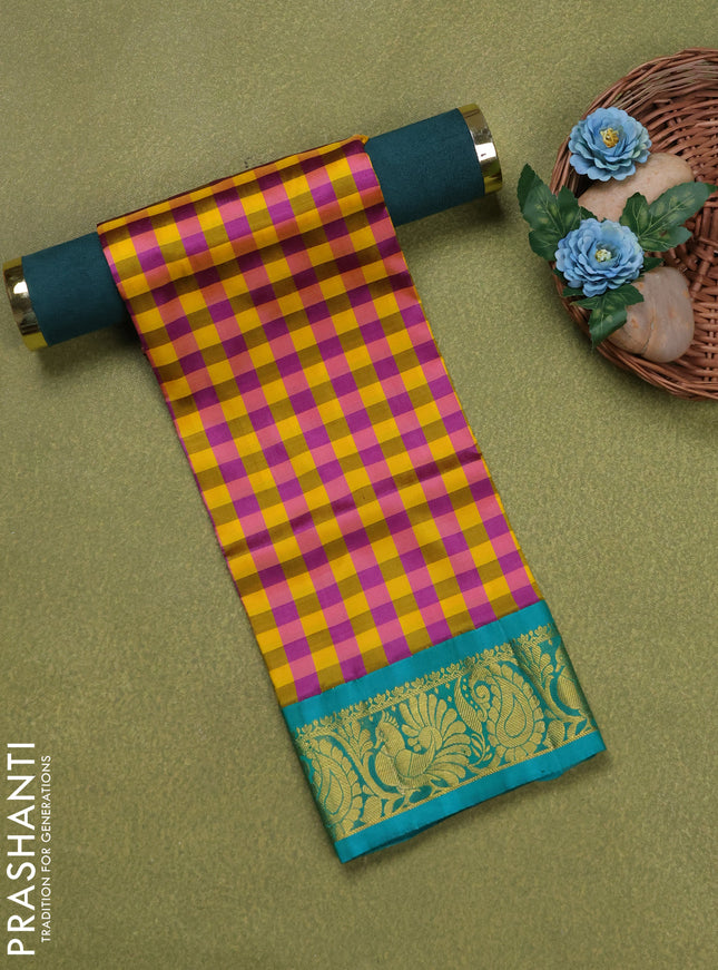 Pure silk unstitched kids lehenga multi colour and teal green with allover paalum pazhamum checks and zari woven border