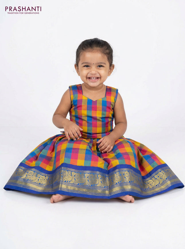 Pure silk unstitched kids lehenga multi colour and blue with allover paalum pazhamum checks and zari woven border