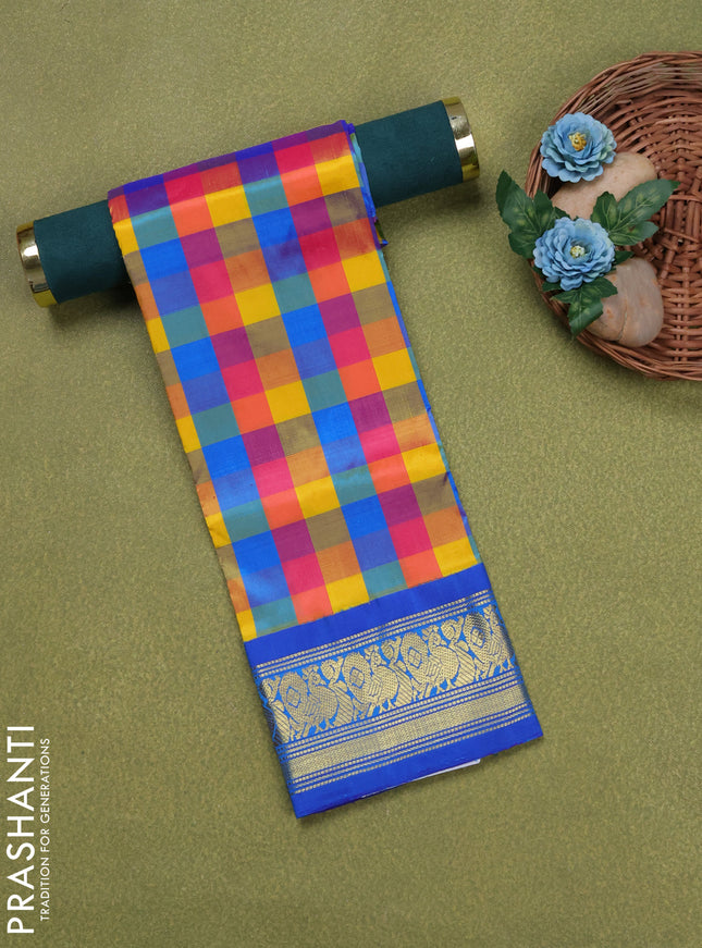 Pure silk unstitched kids lehenga multi colour and blue with allover paalum pazhamum checks and zari woven border