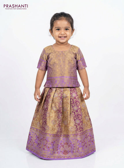 Pure silk tissue unstitched kids lehenga dual shade of golden purple and lavender with allover silver zari woven brocade weaves and rich zari woven border