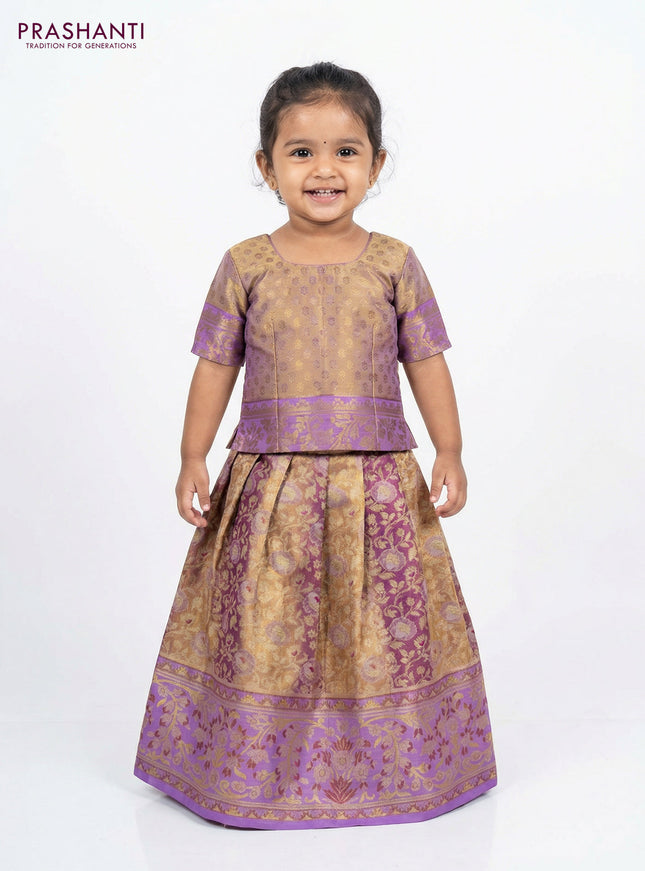 Pure silk tissue unstitched kids lehenga dual shade of golden purple and lavender with allover silver zari woven brocade weaves and rich zari woven border