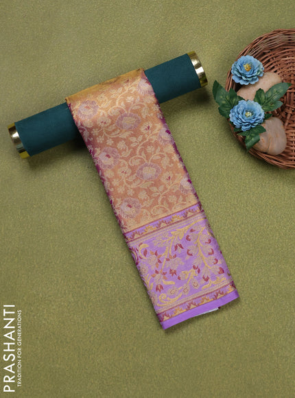 Pure silk tissue unstitched kids lehenga dual shade of golden purple and lavender with allover silver zari woven brocade weaves and rich zari woven border