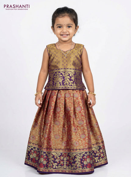 Pure silk tissue unstitched kids lehenga dual shade of pinkish gold and violet with allover zari woven brocade weaves and rich zari woven border