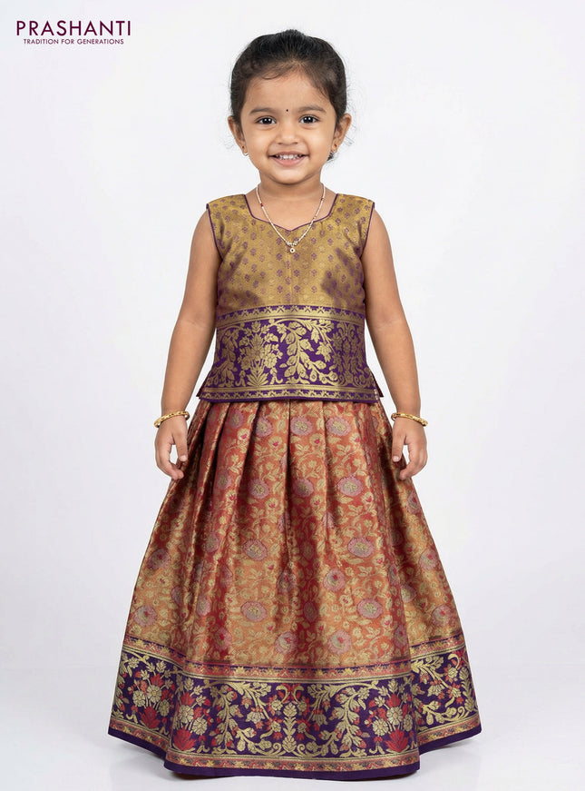 Pure silk tissue unstitched kids lehenga dual shade of pinkish gold and violet with allover zari woven brocade weaves and rich zari woven border