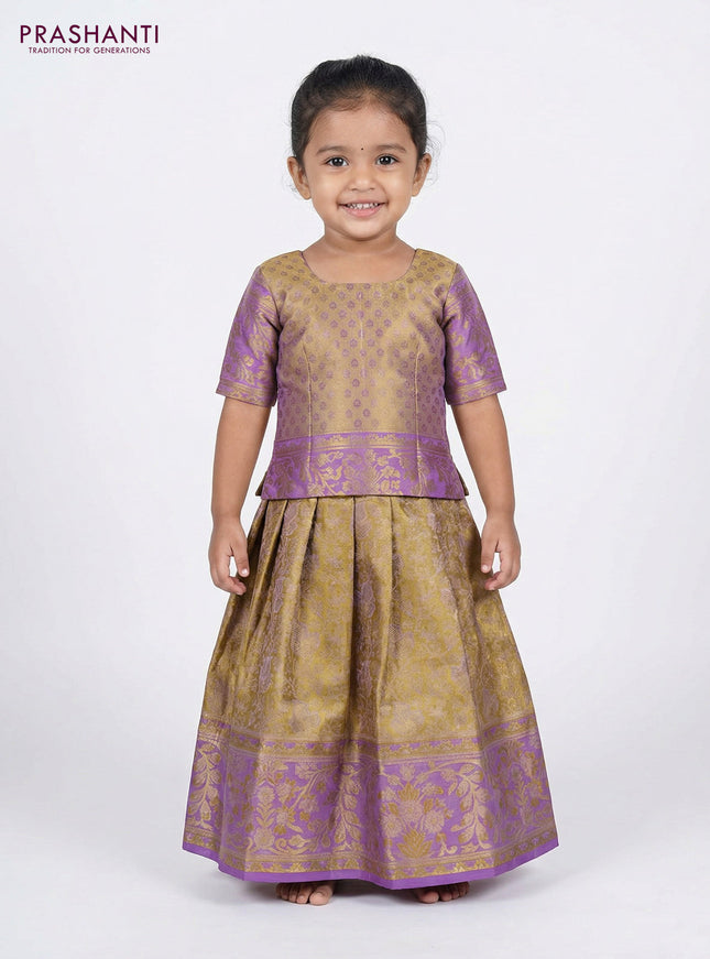 Pure silk tissue unstitched kids lehenga gold and lavender with allover zari woven brocade weaves and rich zari woven border
