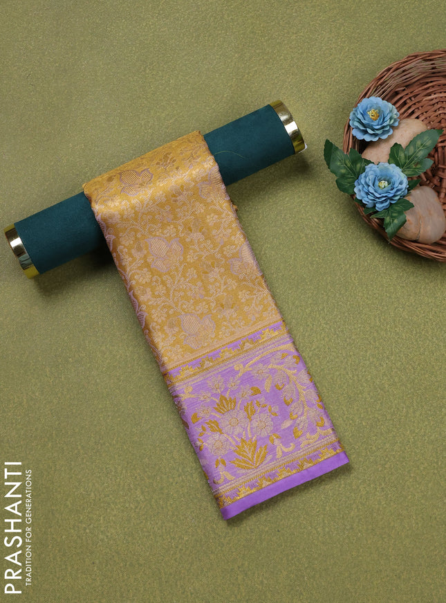 Pure silk tissue unstitched kids lehenga gold and lavender with allover zari woven brocade weaves and rich zari woven border