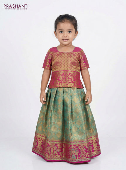 Pure silk tissue unstitched kids lehenga teal shade and magenta pink with allover zari woven brocade weaves and rich zari woven border