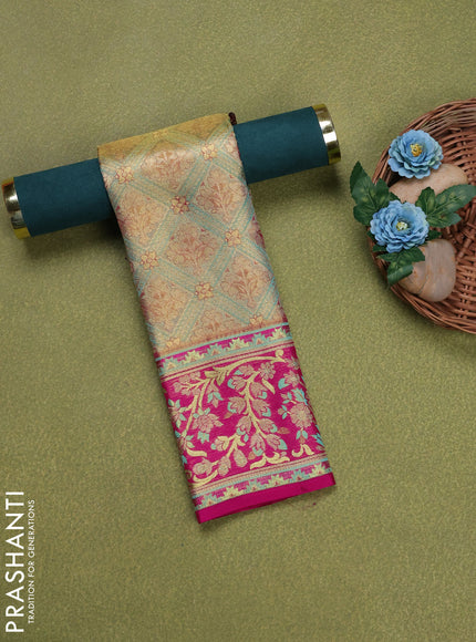Pure silk tissue unstitched kids lehenga teal shade and magenta pink with allover zari woven brocade weaves and rich zari woven border