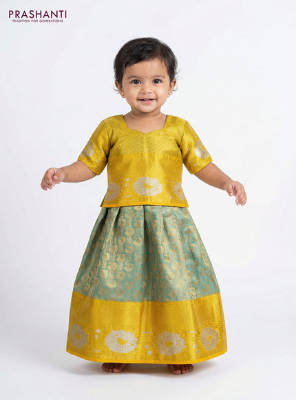 Pure silk tissue unstitched kids lehenga pastel blue and yellow with allover zari woven annam brocade weaves and rich zari woven border