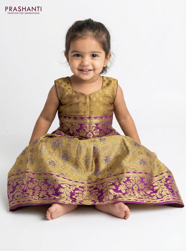 Pure silk tissue unstitched kids lehenga mustard yellow and purple with allover zari woven brocade weaves and rich zari woven border