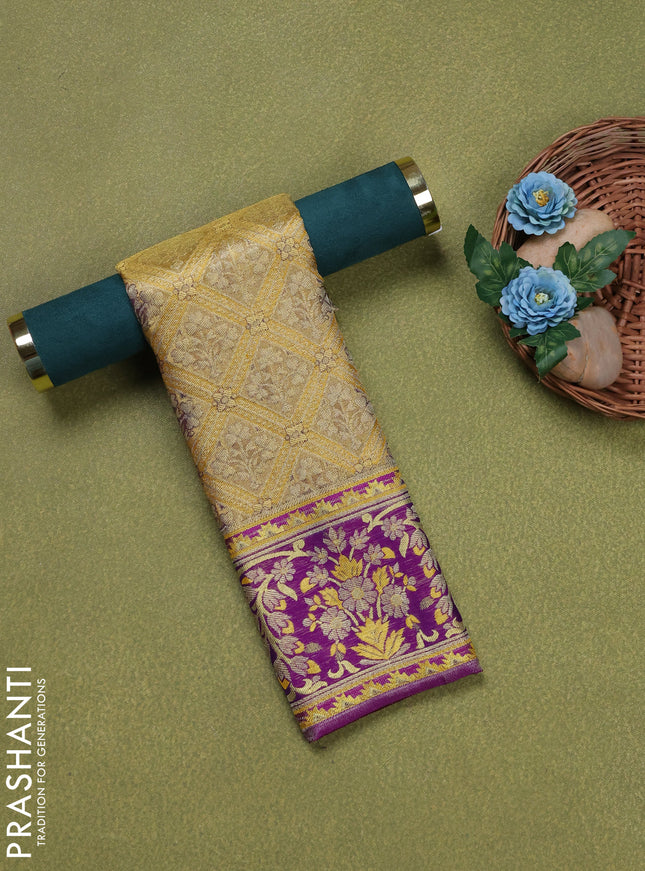 Pure silk tissue unstitched kids lehenga mustard yellow and purple with allover zari woven brocade weaves and rich zari woven border