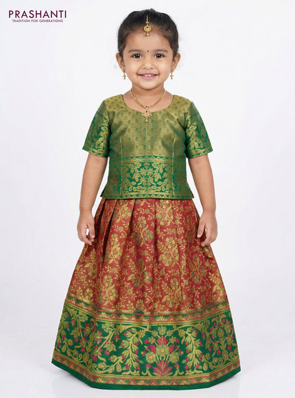 Pure silk tissue unstitched kids lehenga dual shade of pink and green with allover zari woven brocade weaves and rich zari woven border