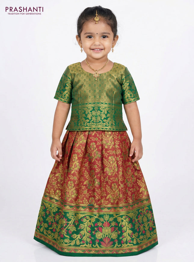 Pure silk tissue unstitched kids lehenga dual shade of pink and green with allover zari woven brocade weaves and rich zari woven border