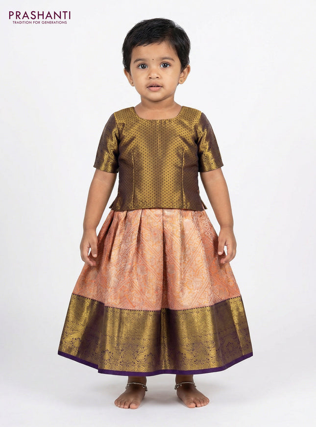 Pure silk tissue unstitched kids lehenga orange and dark blue with allover silver zari woven brocade weaves and rich zari woven border