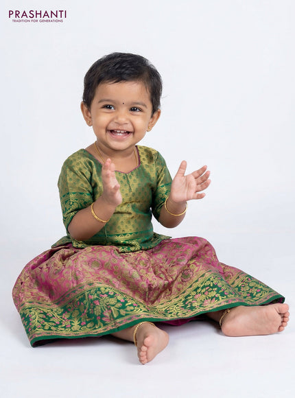 Pure silk tissue unstitched kids lehenga dual shade of pink and green with allover zari woven floral brocade weaves and rich zari woven border
