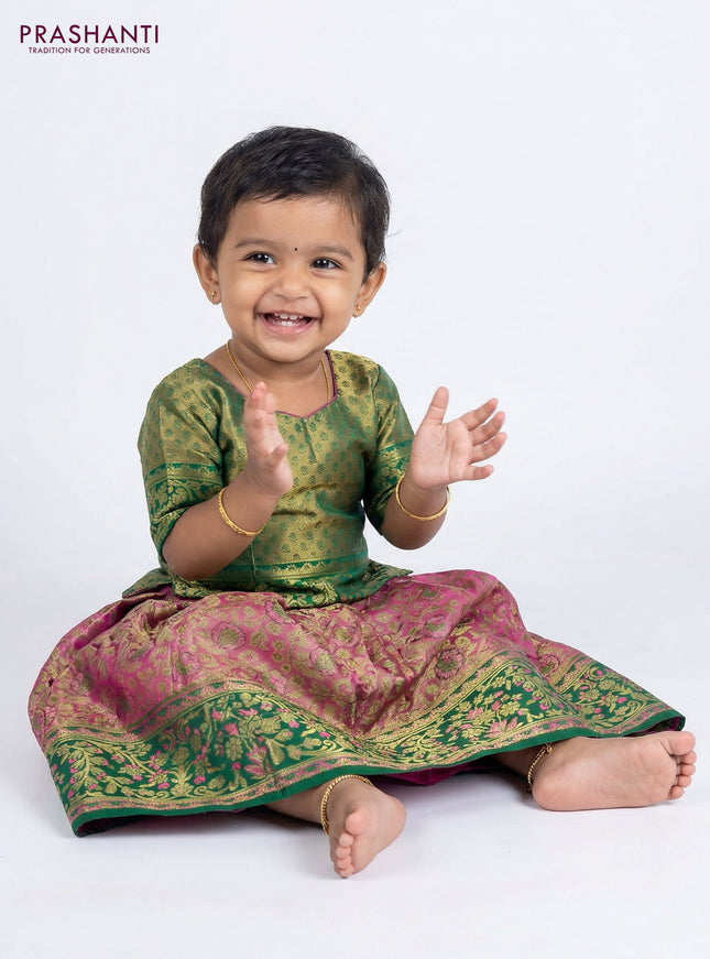 Pure silk tissue unstitched kids lehenga dual shade of pink and green with allover zari woven floral brocade weaves and rich zari woven border
