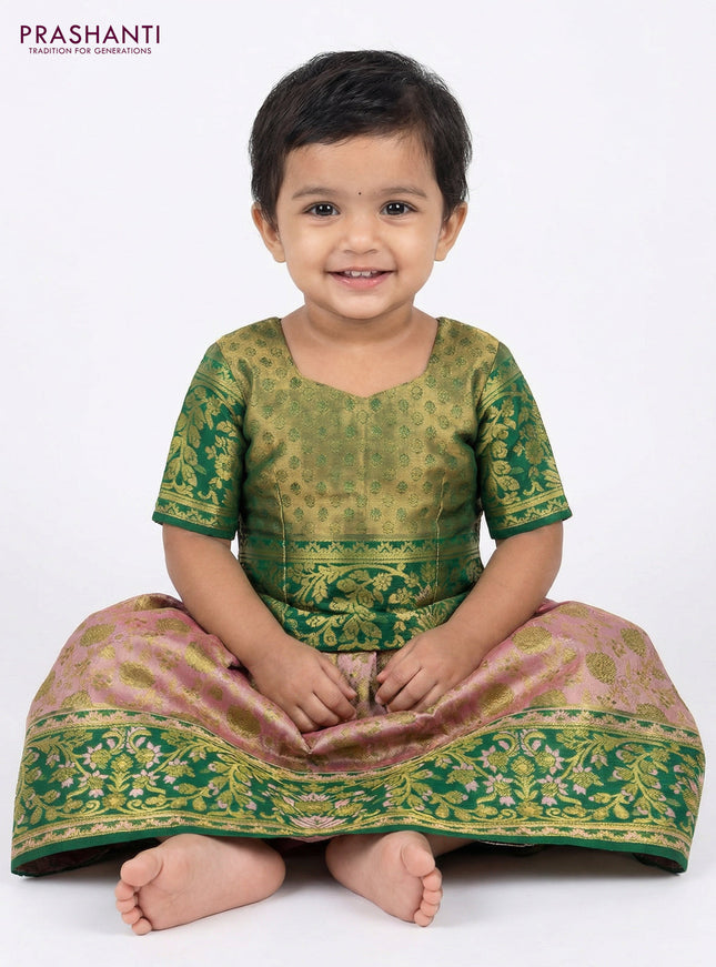 Pure silk tissue unstitched kids lehenga mild peach and green with allover zari woven brocade weaves and rich zari woven border