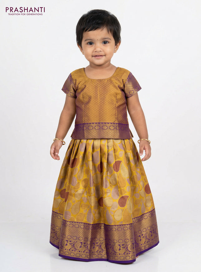 Pure silk tissue unstitched kids lehenga mustard yellow and violet with allover zari woven brocade weaves and rich zari woven border