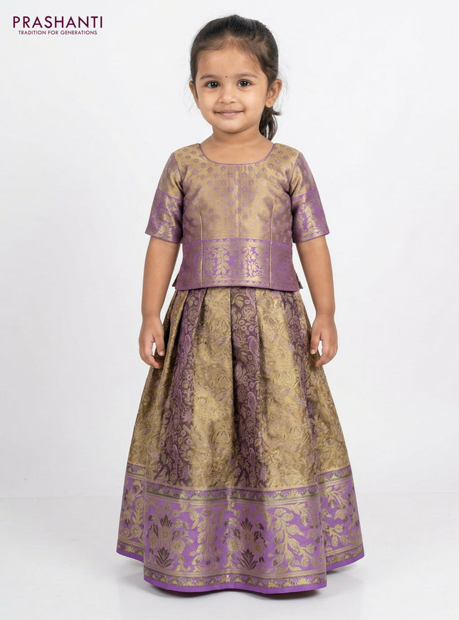 Pure silk tissue unstitched kids lehenga gold and lavender with allover zari woven brocade weaves and rich zari woven border