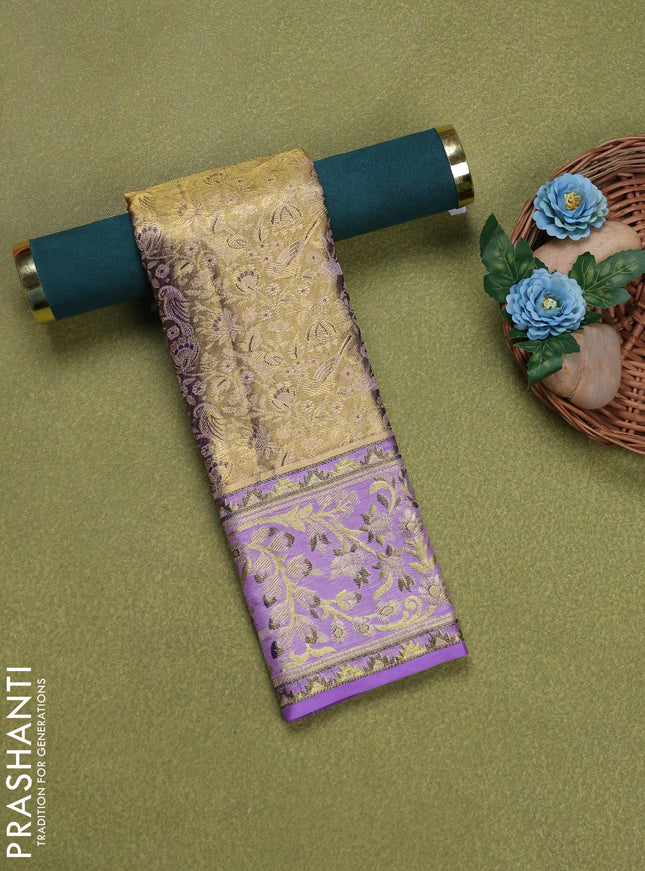 Pure silk tissue unstitched kids lehenga gold and lavender with allover zari woven brocade weaves and rich zari woven border