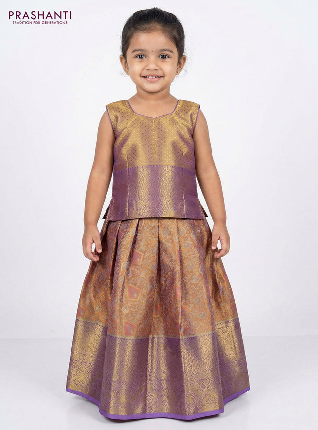 Pure silk tissue unstitched kids lehenga peach shade and lavender with allover zari woven brocade weaves and rich zari woven border
