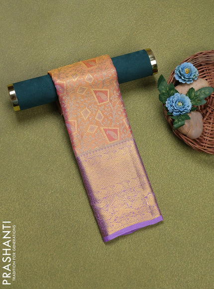 Pure silk tissue unstitched kids lehenga peach shade and lavender with allover zari woven brocade weaves and rich zari woven border